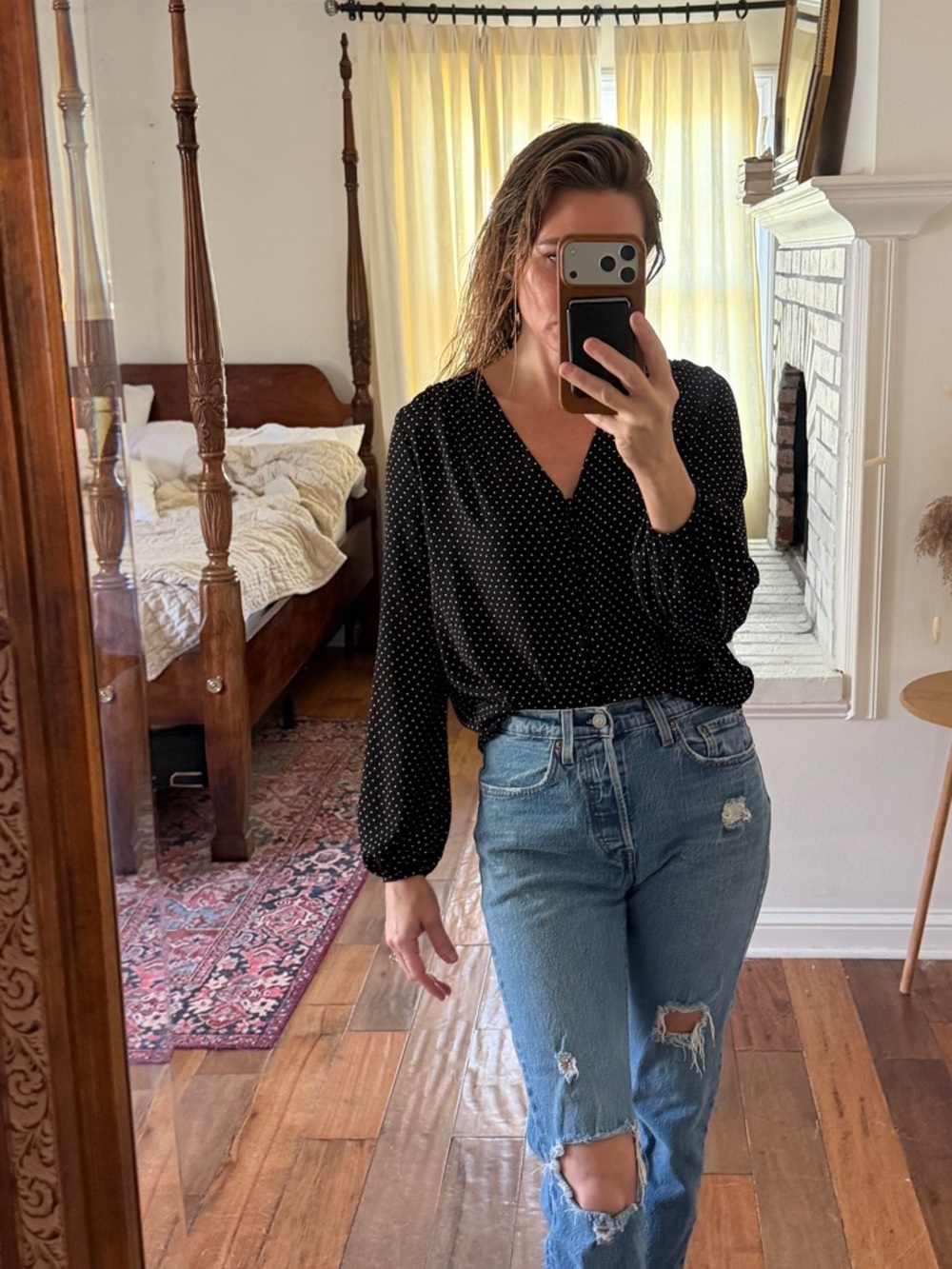 Polka dot black house white market Dot V-Neck Long-Sleeve Blouse